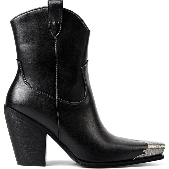 🆕Women Black Western Ankle Boots Metal Toe Booties Stacked Block Heeled Shoes - Picture 2 of 5